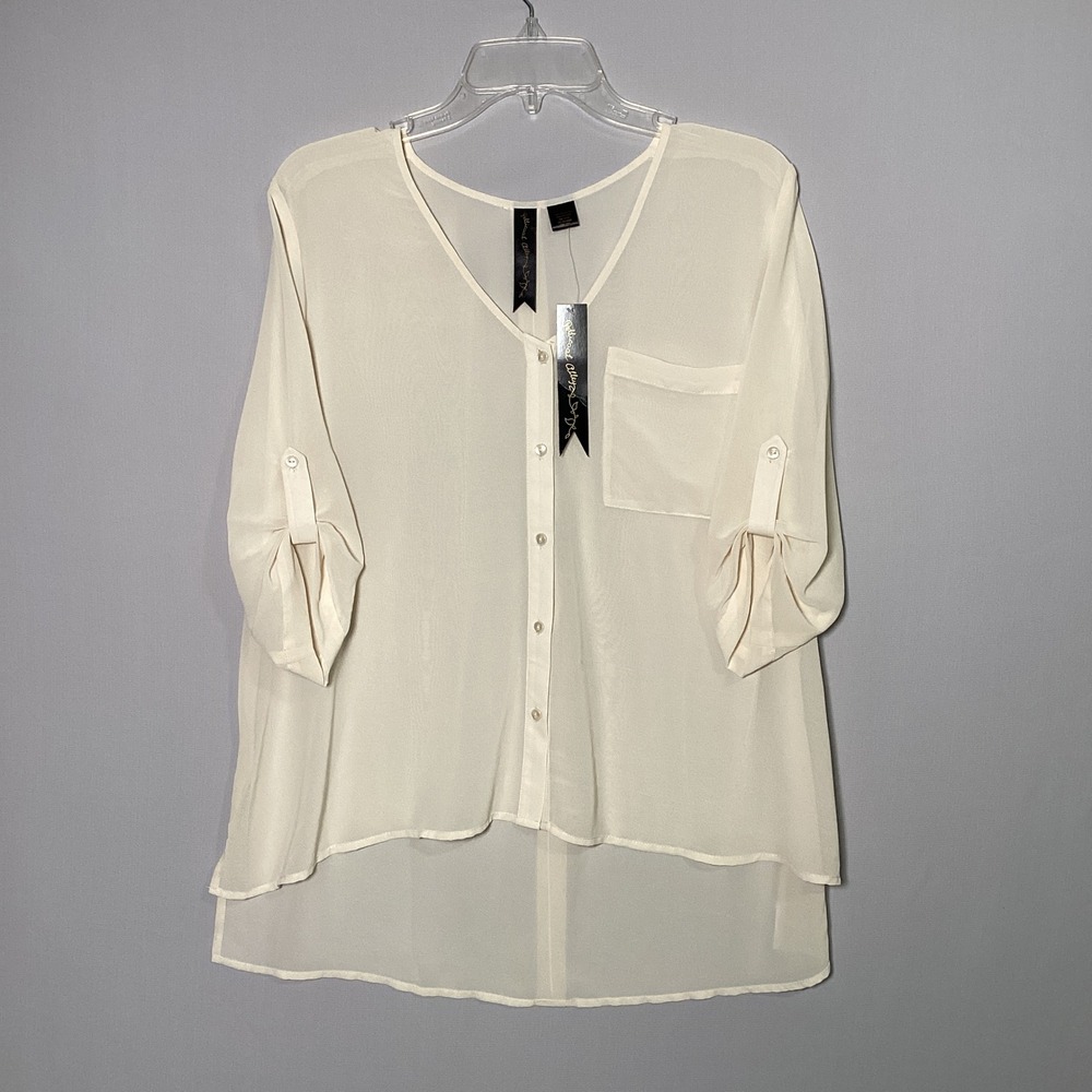 Petticoat Alley Blouse Womens Large Cream Button Front Roll Tab Sleeve Top